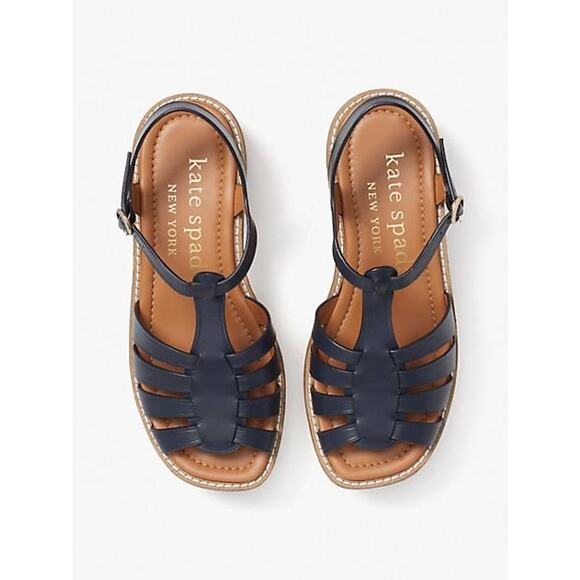 Kate Spade retro Mabel Platform Wedge Sandals Navy Blue leather  Peep Toe Sz 8.5 - Picture 1 of 11